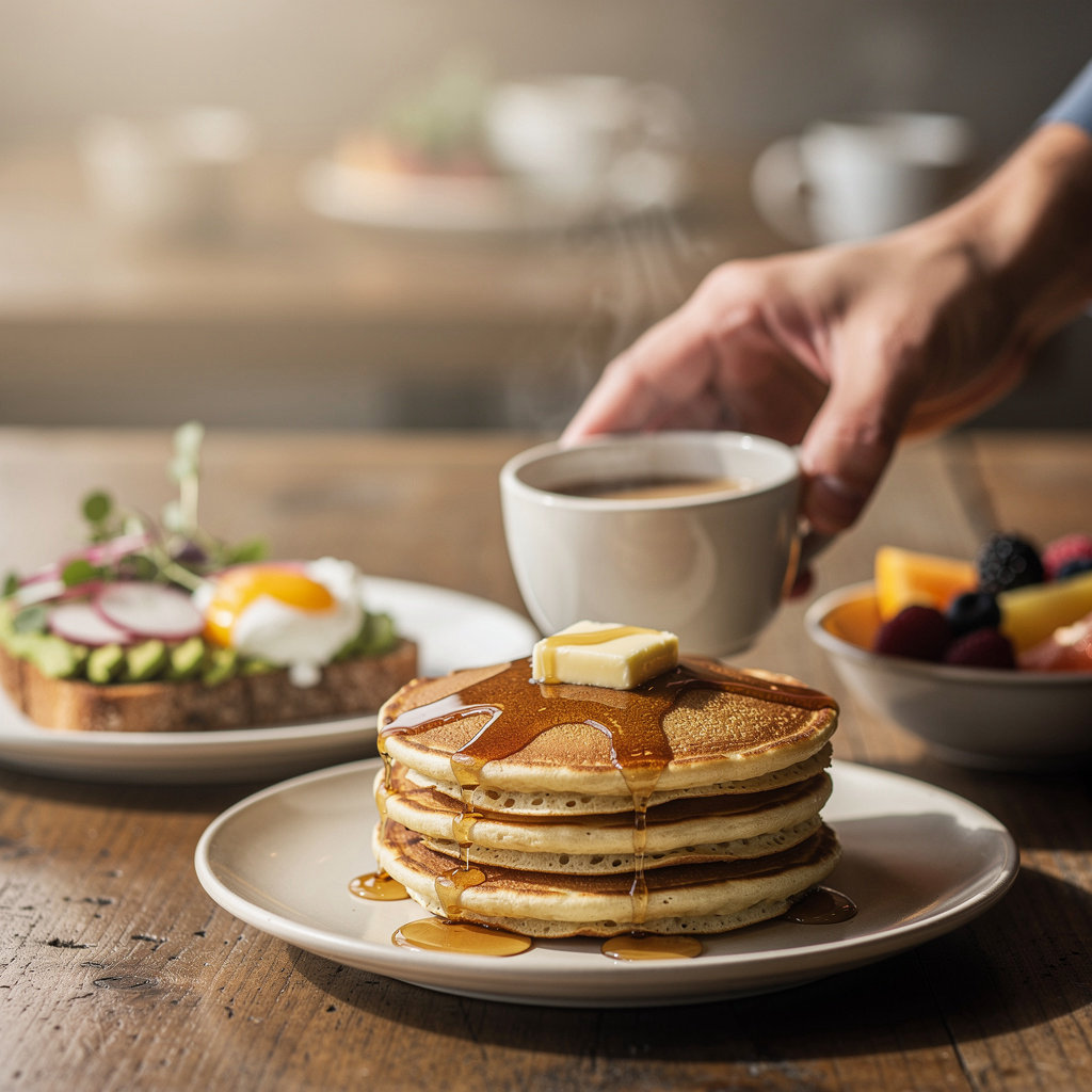 Sunrise Cafe's featured breakfast dishes including pancakes, eggs benedict, and fresh fruit in Denver